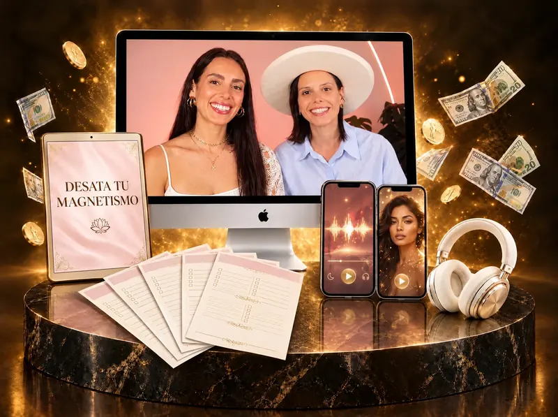 Lo que recibes gratis: encuentros en vivo con Ale y Emma, hipnosis, hojas de práctica y la guía Desata tu Magnetismo